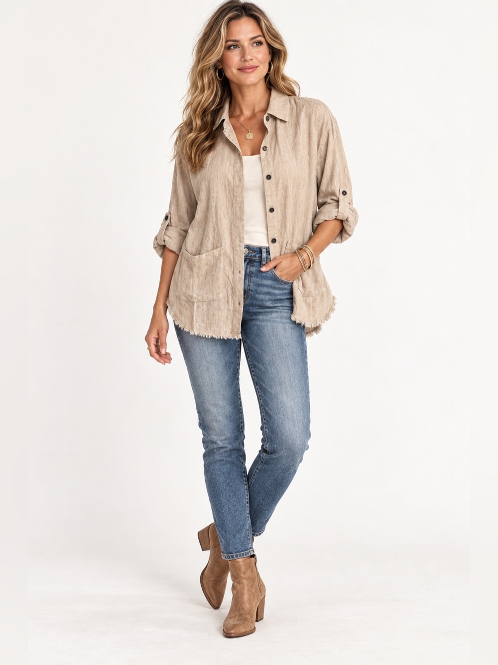 Anthropologie Dress Forum Neutral Linen blend Button-Front Utility‎ Jacket shirt